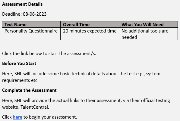 SHL Personality (OPQ) Test Invitation